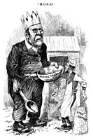 "More!" (Punch, 1890): 'King Working Man', representing Australian labor unions, demands a worker's 'honest earnings'