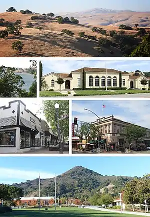 Clockwise: the Diablo Range hills, historic Morgan Hill Elementary Building, Votaw Building, El Toro Mountain, Downtown shops, Anderson Lake