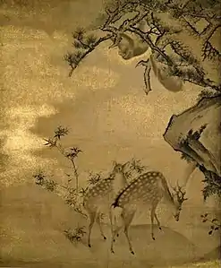 Painting of a couple of deer, with two monkeys in a tree.