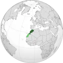 Location of Morocco in northwest AfricaDark green: Undisputed territory of MoroccoLighter green: Western Sahara, a territory claimed and occupied mostly by Morocco as its Southern Provinces