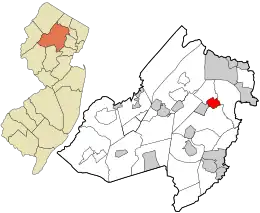 Location of Boonton in Morris County highlighted in red (right). Inset map: Location of Morris County in New Jersey highlighted in orange (left).