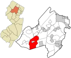 Location of Chester Township in Morris County highlighted in red (right). Inset map: Location of Morris County in New Jersey highlighted in orange (left).