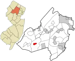 Location of Chester Borough in Morris County highlighted in red (right). Inset map: Location of Morris County in New Jersey highlighted in orange (left).