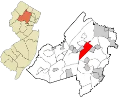 Location of Denville Township in Morris County highlighted in red (right). Inset map: Location of Morris County in New Jersey highlighted in orange (left).
