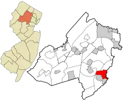 Location of Florham Park in Morris County highlighted in red (right). Inset map: Location of Morris County in New Jersey highlighted in orange (left).