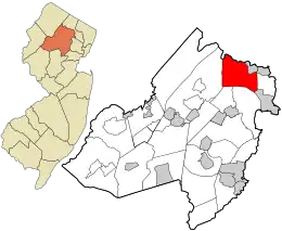 Location of Kinnelon in Morris County highlighted in red (right). Inset map: Location of Morris County in New Jersey highlighted in orange (left).