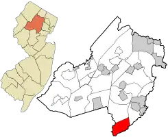 Location of Long Hill Township in Morris County highlighted in red (right). Inset map: Location of Morris County in New Jersey highlighted in orange (left).