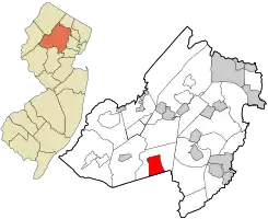 Location of Mendham Borough in Morris County highlighted in red (right). Inset map: Location of Morris County in New Jersey highlighted in orange (left).