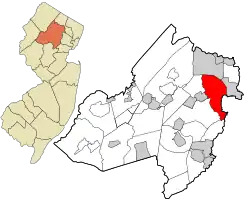 Location of Montville in Morris County highlighted in red (right). Inset map: Location of Morris County in New Jersey highlighted in orange (left).