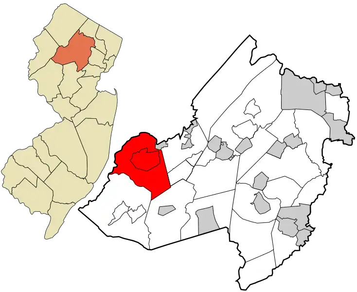 Location of Mount Olive Township in Morris County highlighted in red (right). Inset map: Location of Morris County in New Jersey highlighted in orange (left).