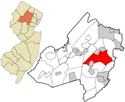 Location of Parsippany-Troy Hills in Morris County highlighted in red (right). Inset map: Location of Morris County in New Jersey highlighted in orange (left).