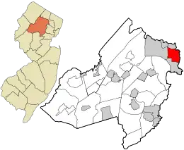 Location of Pequannock Township in Morris County highlighted in red (right). Inset map: Location of Morris County in New Jersey highlighted in orange (left).