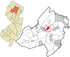 Location of Rockaway in Morris County circled and highlighted in red (right). Inset map: Location of Morris County in New Jersey highlighted in orange (left).