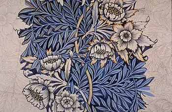 This Morris Tulip and Willow design (1873) is another example of decorative graphics. By using a diagonal blue, with only some suggestion of orange the artist tries to create a harmonious color scheme that could be used effectively in the design of a poster or other graphic design media.