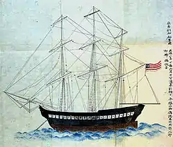 Japanese drawing of the Morrison, anchored in front of Uraga in 1837.