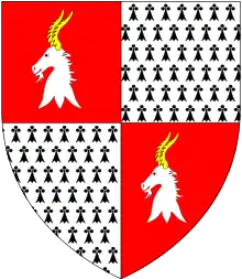 Arms of Morton: Quarterly 1st & 4th: Gules, a goat's head erased argent armed or; 2nd & 3rd: Ermine