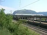 Platforms of Mostar railway station, in the background Hum mountain, May 2012