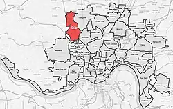 Mount Airy (red) within Cincinnati, Ohio