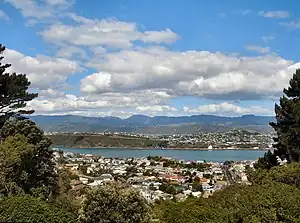 Looking east from Mt Victoria, with Hataitai in the foreground, Evans Bay and Miramar behind it