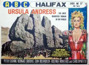 Movie poster for the 1965 movie, She, with painting by Cohen of a crowd scene on left side