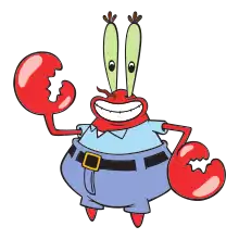 A red cartoon smiling crab with teardrop-shaped eyes wears a light blue shirt and darker blue jeans with a black belt.