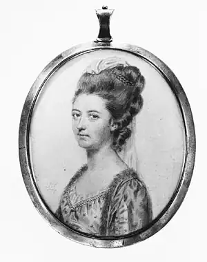 A small miniature portrait painted in black and white of Charlotte Lennox