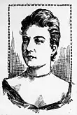 Ink drawing of a woman with dark hair in an updo. She is wearing a beaded choker necklace.