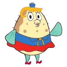 A tan-colored animated pufferfish with yellow, flattened hair and turquoise fins wears a blue shirt and a red skirt. She waves towards the reader and also has a small blue cap and red shoes.