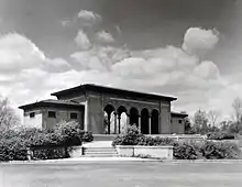 a black and white photograph of the Mt. Echo Pavilion.