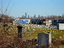 View of Center City skyscrapers from near the Gatehouse in Mount Moriah