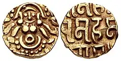 Indian coinage (Pagoda) of Mu'izz al-Din Muhammad. Obverse: Lakshmi seated facing. Reverse: śri maha/[mi]ra mahama/da sama in Devanagari.