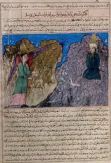 Muhammad's Call to Prophecy and the First Revelation; in the Majmac al-tawarikh (Compendium of Histories),  Timurid, Herat, Afghanistan, Muhammad is shown with veiled face. c. 1425.