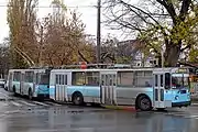 Two conjoined ZiU-9 trolleybuses in Krasnodar, with the second unit converted into a trailer.