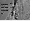 Enlargement of part of previous image showing smaller gullies inside larger ones.  Water probably flowed in these gullies more than once.  Location is Thaumasia quadrangle.