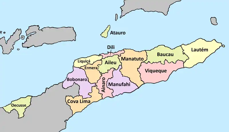 A clickable map of East Timor exhibiting its 14 administrative municipalities.