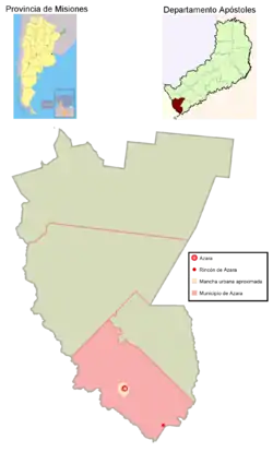 The municipality and village of Azara in the province of Misiones, the small dot represents the town of Rincón de Azara