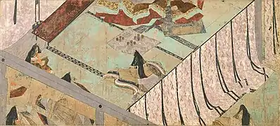 Tsukiri-e painting in lighter tones, Murasaki Shikibu Nikki Emaki, 13th century