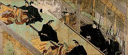 Drunk and disorderly court nobles interacting with court ladies, Murasaki Shikibu Nikki Emaki, 13th century
