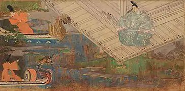 Entertainment of the aristocrats on the lake of the palace; the fat man on the veranda is none other than the mighty Fujiwara no Michinaga.Murasaki Shikibu Nikki Emaki, 13th century