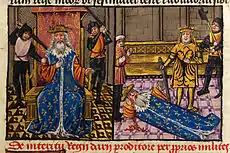 Folio 59r: The murder of Darius by his own generals; Alexander at the side of the dying king.