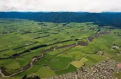 View eastward from Murupara over the Whirinaki River and Galatea Plains toward the Ikawhenua Range