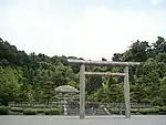 Stairs leading through a wooded area to a stone structure beyond a large torii.