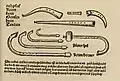 1511 A.D. Page from Sebastian Virdung's book Musica Getutscht und Ausgezogen. Top left corner: a curved cornett labeled Zincken. Below it is a straight cornett, also Zincken. Top right corner, a Gemshorn