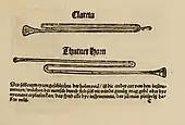 Virdung illustrated (1511 A.D.) bent trumpets including clareta, thin tubed to produce high notes. Thurner horn; may be thürmer (tower), as in tower watchmen.