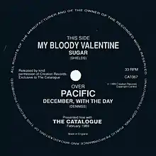 A black label of a square 7-inch single. Main grey text reads "This Side My Bloody Valentine Sugar".