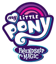 Purple and pink rainbow over the words "my LiTTLE PONY" with the words "FRiENDSHiP iS MAGiC" underneath