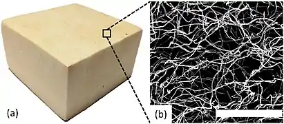 Figure 8: a) shows a block of mycelium biofoam and b) shows a scanning electron microscope image of it.