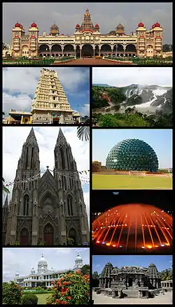 Clockwise from top: Mysore Palace, Shivanasamudra Falls, Infosys Multiplex ,Brindavan Gardens at Mandya, Somanathapura, Lalitha Mahal, St. Philomena's Cathedral and Chamundeshwari Temple.