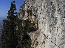 Path cut into the side of a cliff with a cable to secure it.