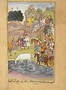 Bhima discovers the white horse while watching the army of Yauvanasva from above the city of Bhadravati. Artist Narayana khurd